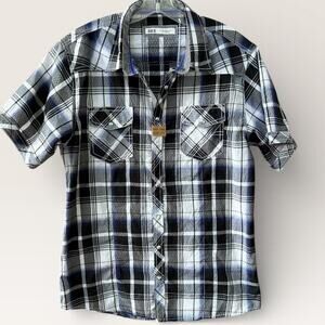 BKE Buckle Plaid Pearl Snap Mens XL Western Shirt NEW Black Blue Short Sleeve